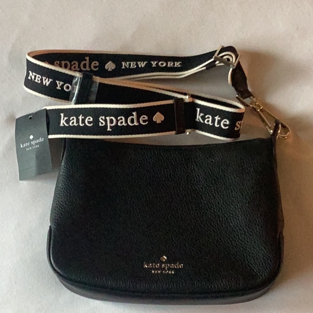 Kate Spade black leather bag.NWT. Gold hardware, 10” w X 7” t X 2” deep.